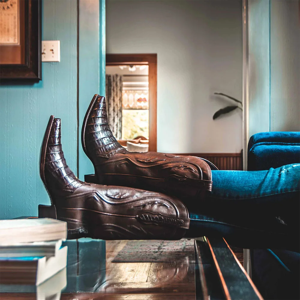 Chic Brown Snip Toe Chunky Heel Croc Embossed Western Boots for Women