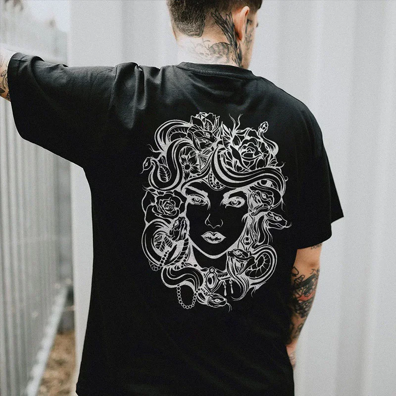 Medusa Beauty with Snake and Flower Hair Casual Graphic Black Print T-shirt