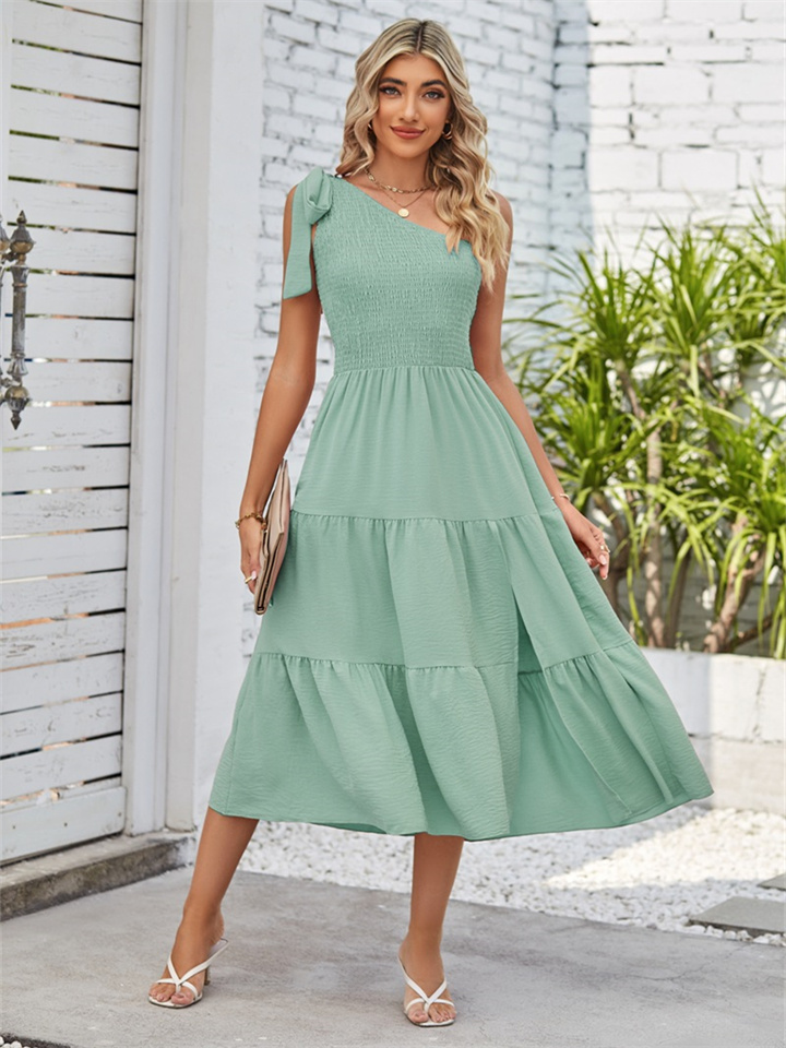 Sleeve Length:Sleeveless Summer Women's New Single-shoulder Pleated Layered Hem Split Solid Color Dress Pleated Dresses