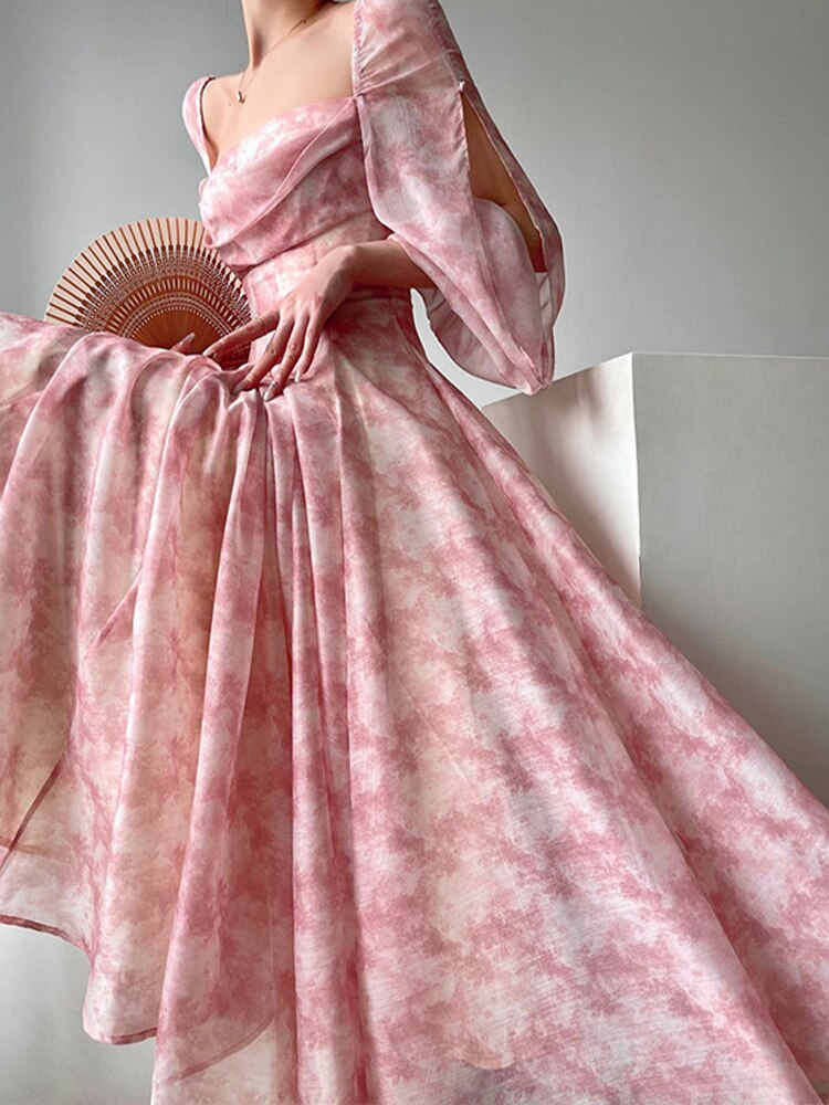 Llyge Floral Dress for Women Long Sleeve French Style Vintage Dress Slim Fit A Llne Midi Lace Up O Neck 2024 New Spring Summer Dress llyge