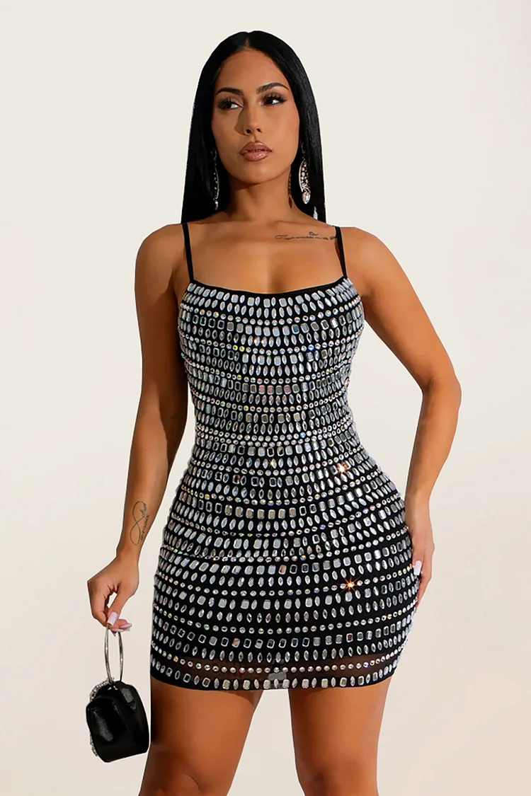 Rhinestone Decor Boat Neck Bodycon Party Slip Mini Dresses-Black