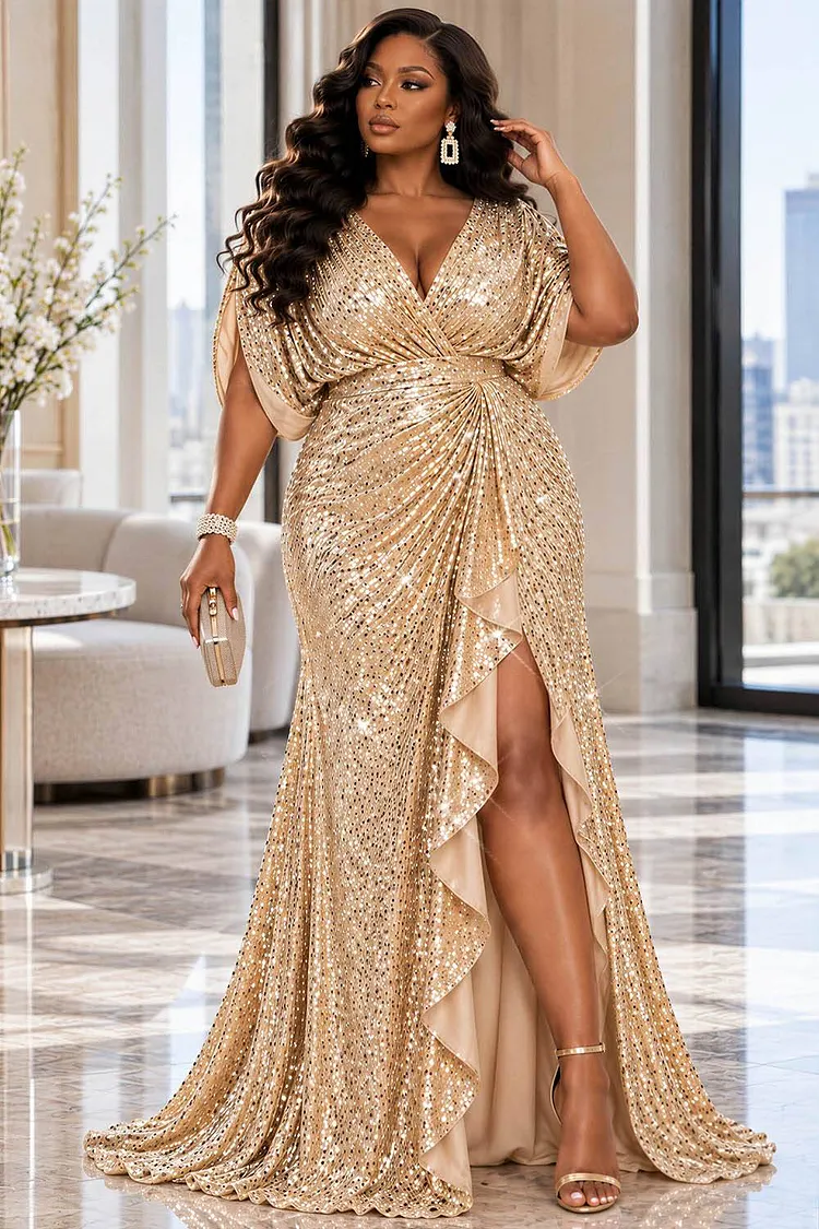 Xpluswear Design Plus Size Formal Gold Wrap Neck Short Sleeve Ruffle Split Sequin Maxi Dresses [Pre-Order] 2024 - Xpluswear