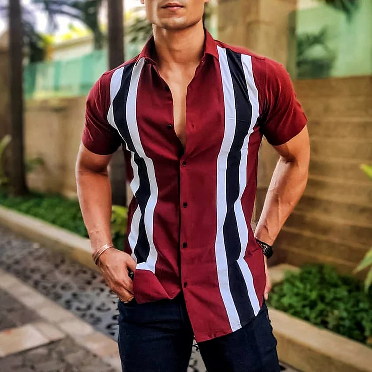 BrosWear Simple Vertical Stripe Color Matching Short Sleeve Shirt