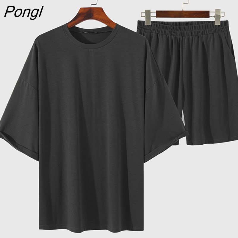 Pongl Men Sets Solid Color 2023 Summer O Neck Half Sleeve T Shirts Elastic Waist Shorts Streetwear Loose Casual Men Suits 5XL INCERUN