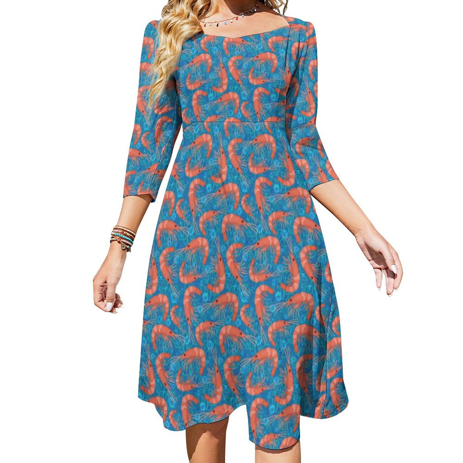 Shrimp Prawns Coral Sea Bubbles Nautical Ocean Dress Sweetheart Tie Back Flared 3/4 Sleeve Midi Dresses