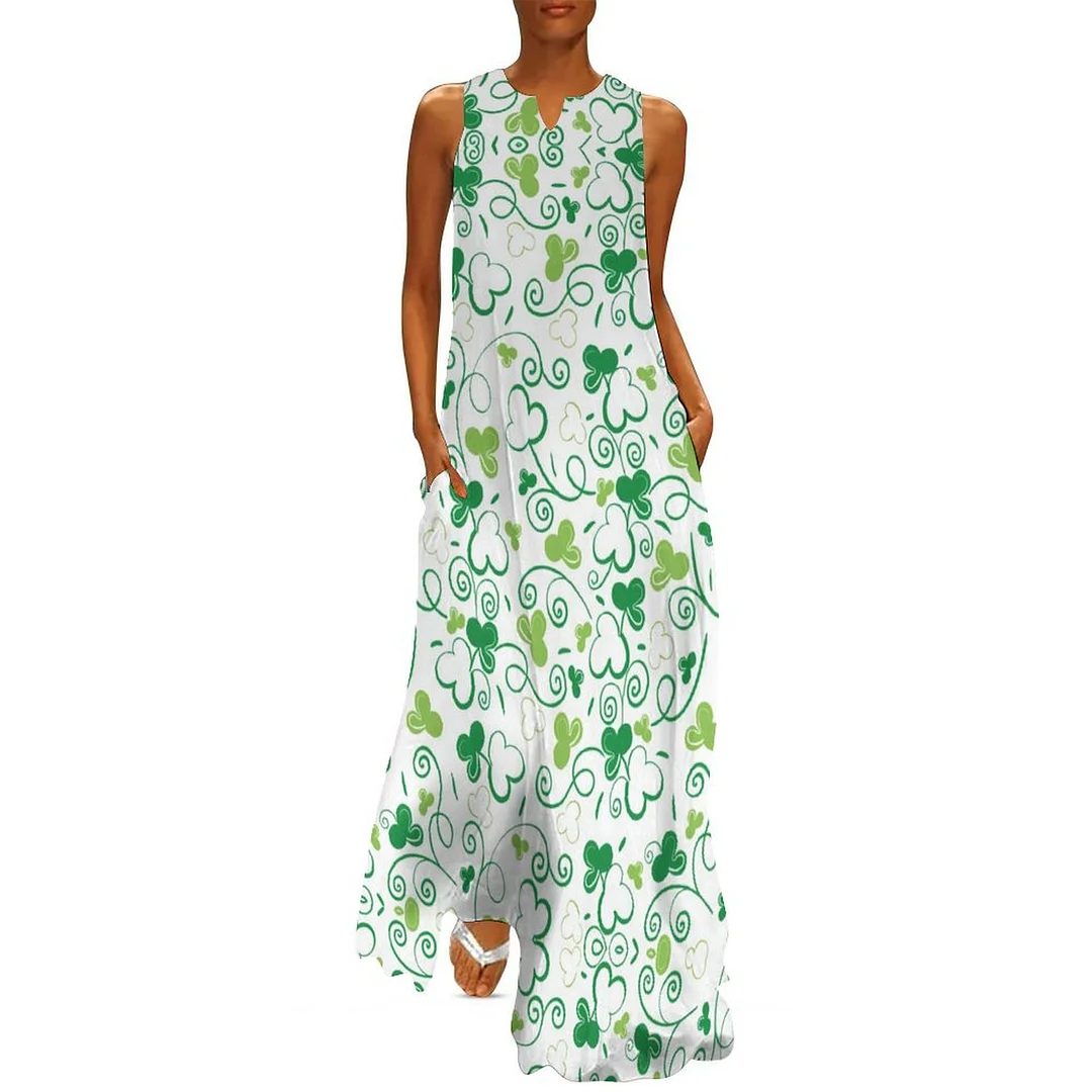 Style & Comfort for Mature Women Plus Size Printed Sleeveless Casual Women Maxi Dress with Pockets in Pattern St. Patrick's Day, Green, Clover, Lucky