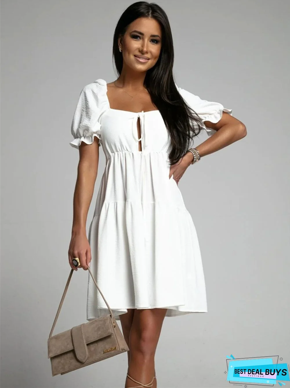 Straight Neckline Waist Open Back Solid Color Sweet Dress