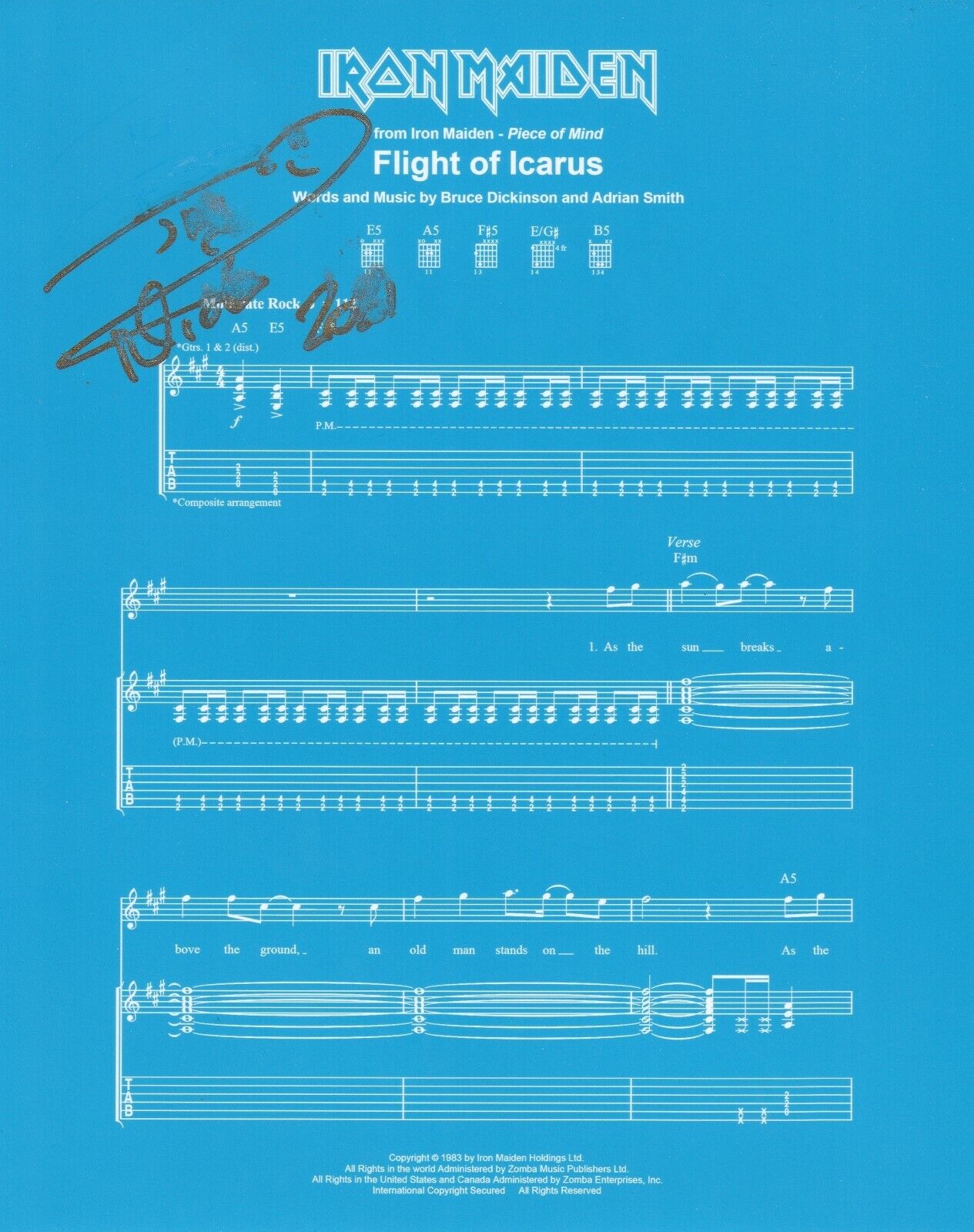 Nicko McBrain SIGNED Flight Of Icarus Sheet Music COA Iron Maiden Drummer