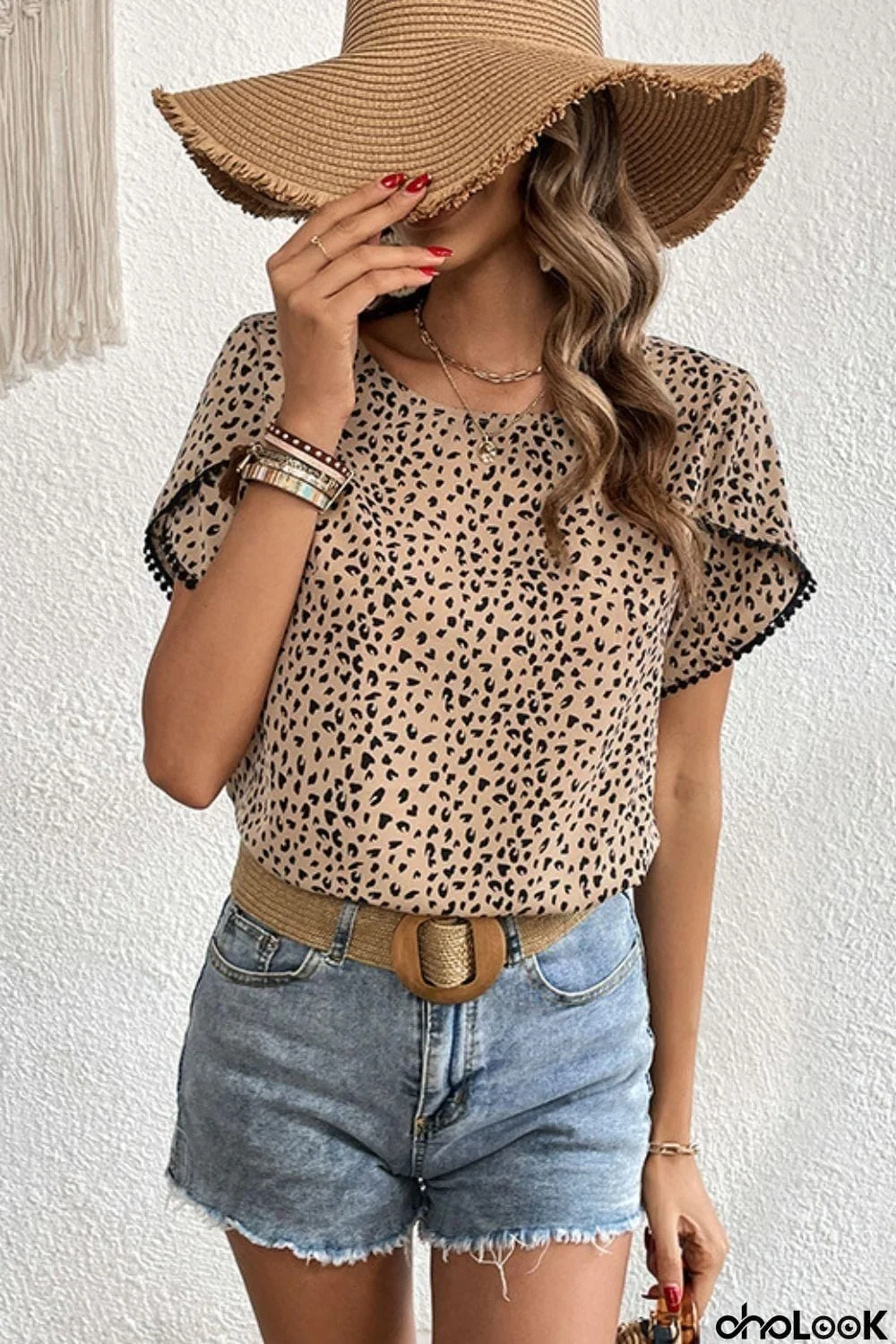 Printed Pom Pom Detail Petal Sleeve Round Neck Blouse