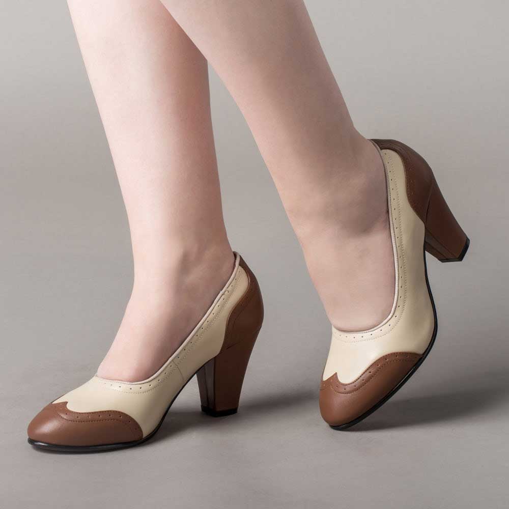 Brown & Ivory Round Toe 3‘’ Block Heel Patch-Work Slip-On Pumps Nicepairs