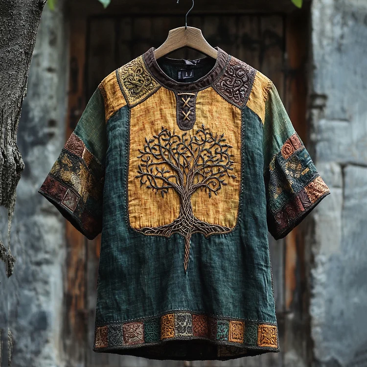 Men's Celtic Knot Tree Of Life Patchwork Contrast T-shirt