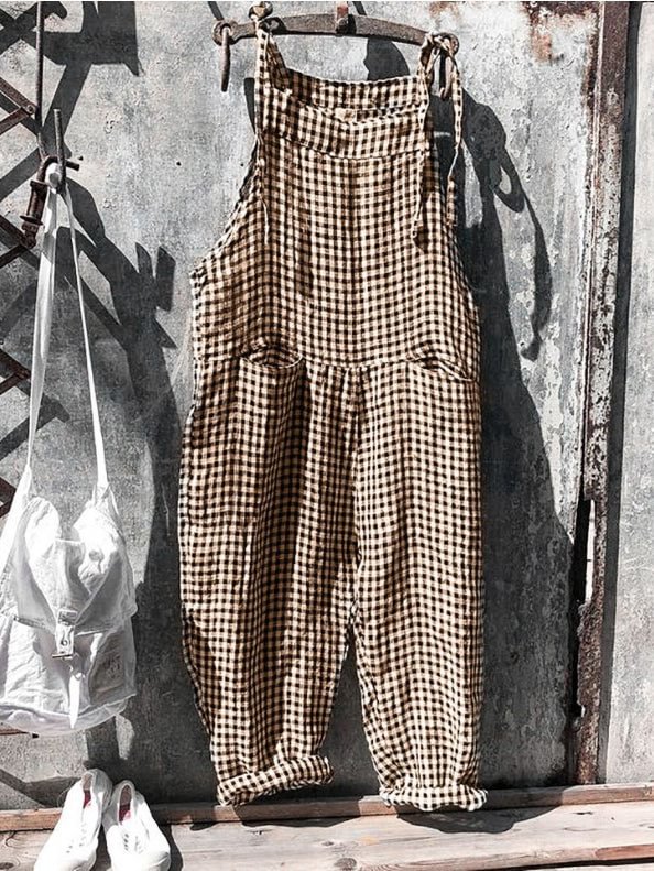 Women's Plaid Print Lace Up Wide Leg Jumpsuit
