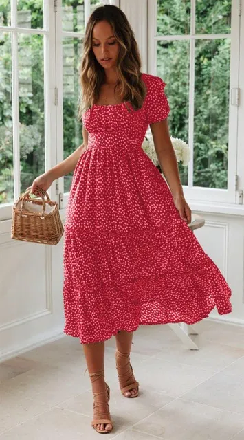 Churchf Churchf New Wish Burst Square Collar Bubble Sleeve Floral Dress Dress