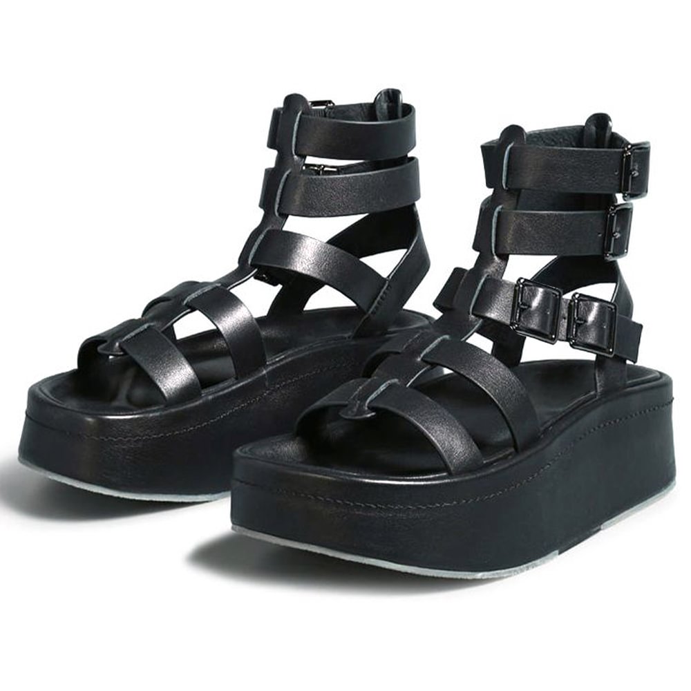 Black Round Toe Leather Gladiator Sandals With Platform Strappy Buckles Flats Nicepairs