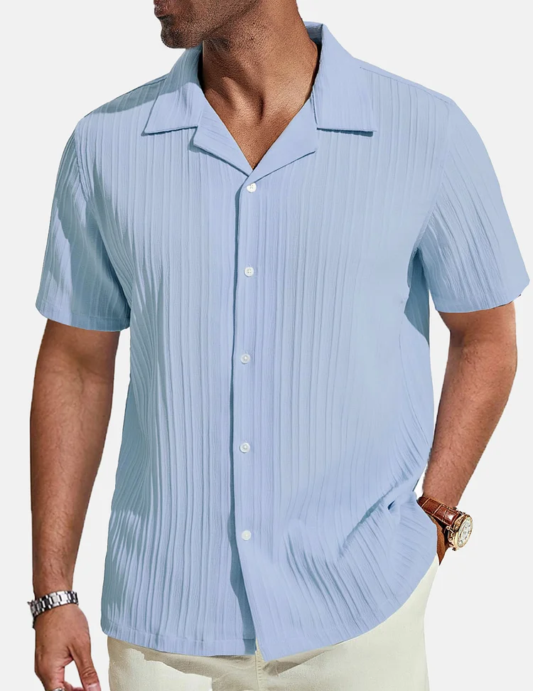Men's Casual Solid Color Striped Cuban Collar Short Sleeve Shirt