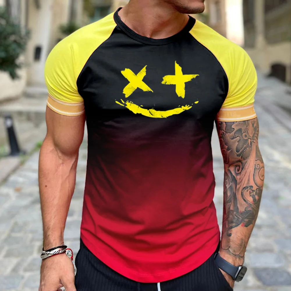Men's Fashion Gradient Smiley Print Casual Slim Short Sleeve T-Shirt