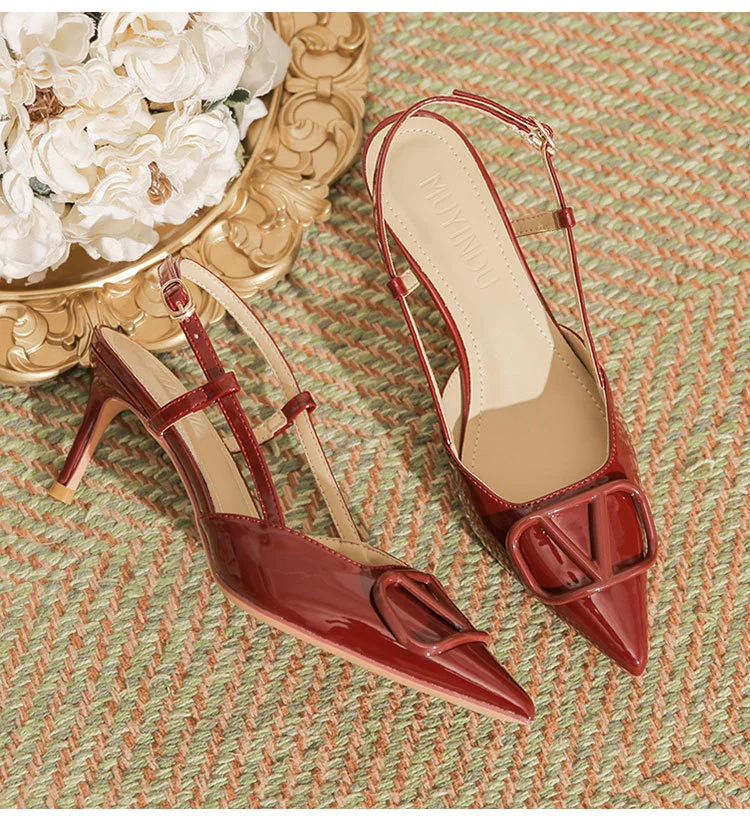 80mm Heels Pointed Toe Wine Red Wedding Pattern Stiletto Slingback Shoes