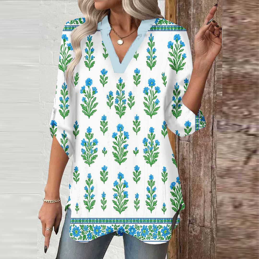 Women Floral, Leaves, Green, Blue DZGA0115 3/4 Sleeve V-neck Printed Graphic Button Tops