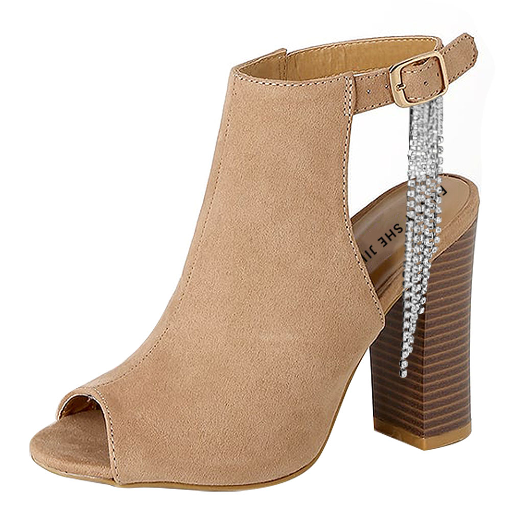 Nude Vegan Suede Peep Toe Heels Slingback Summer Boots with Tassels Nicepairs