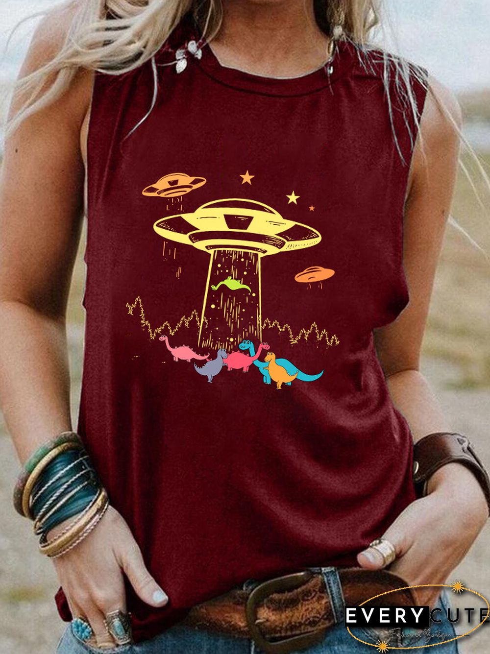 Ufo Dinosaurs Colored Tank Top Harajuku Kawaii Style Dinosaurs Sleevele Tee Women Casual 90S Aesthetic Vintage Top