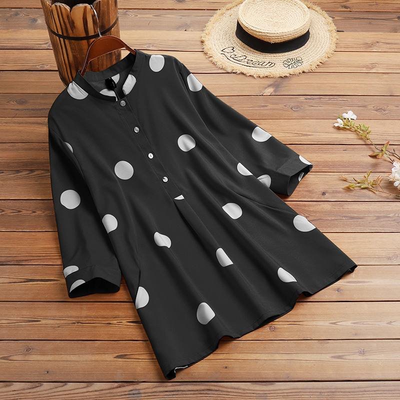Polka Dots Printed Blouse Women Elegant Retro Shirt ZANZEA Casual 3/4 Sleeve O Neck Loose Chemise Autumn Loose Office Tunic Tops