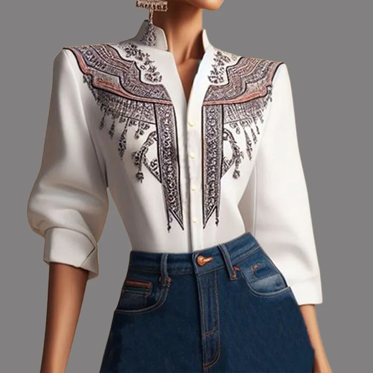 Ursime Stand Collar Button Ethnic Pattern 3/4 Sleeve Blouse