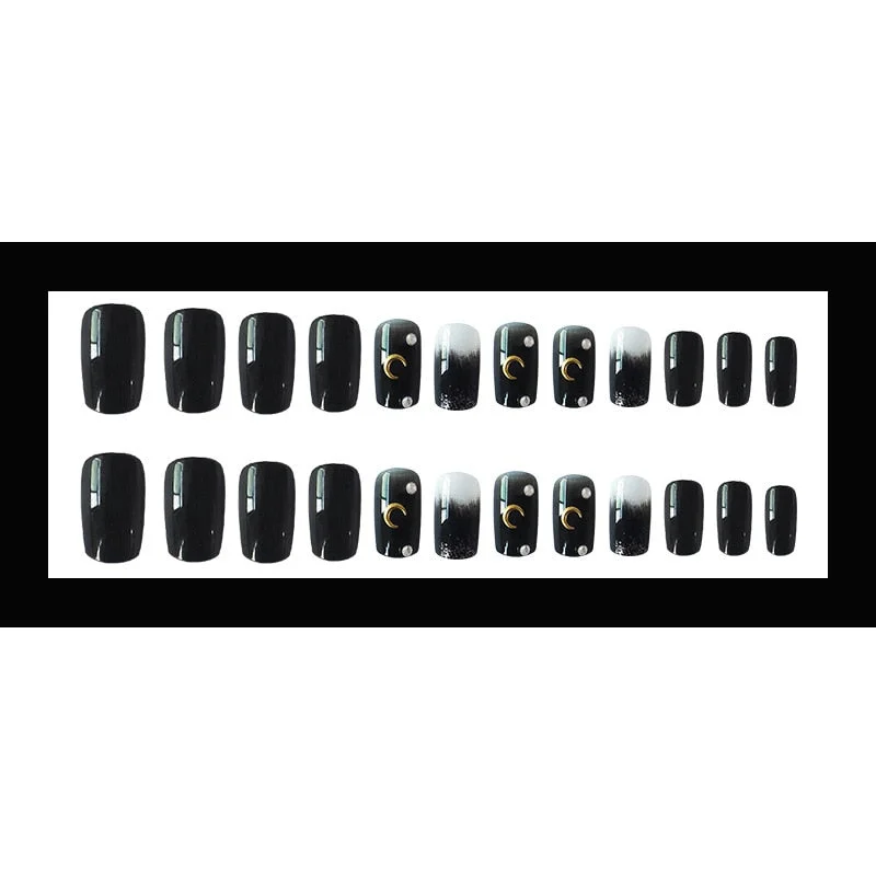 24pcs Long Square Black Fake Nails Star Moon Design Press On False Nails Graffiti Style Korean Manicure Removable Glue Nail Art