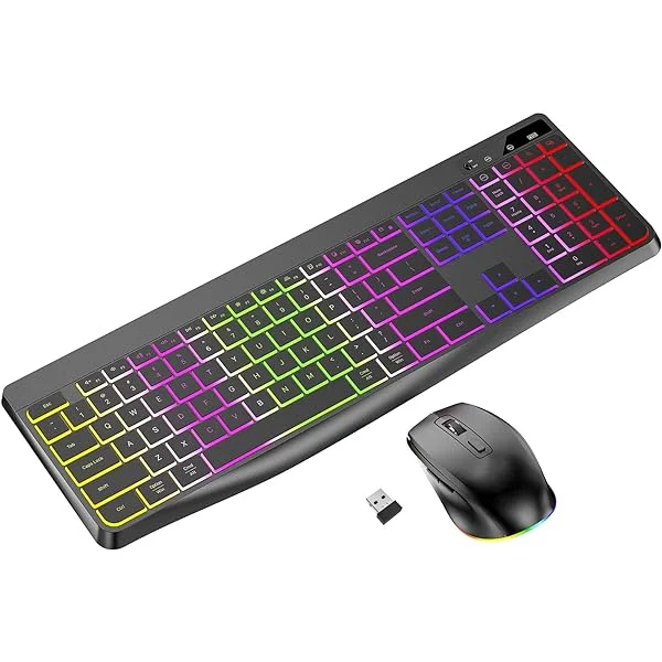 Wireless Keyboard and Mouse Combo-Backlit, Full-Size 104Keys Compact Keyboard with Light Up Letters, Tilt Angle, Rechargeable & Ergonomic 2.4GHz Quiet Keyboard Mouse for Mac, Windows, Laptop, PC