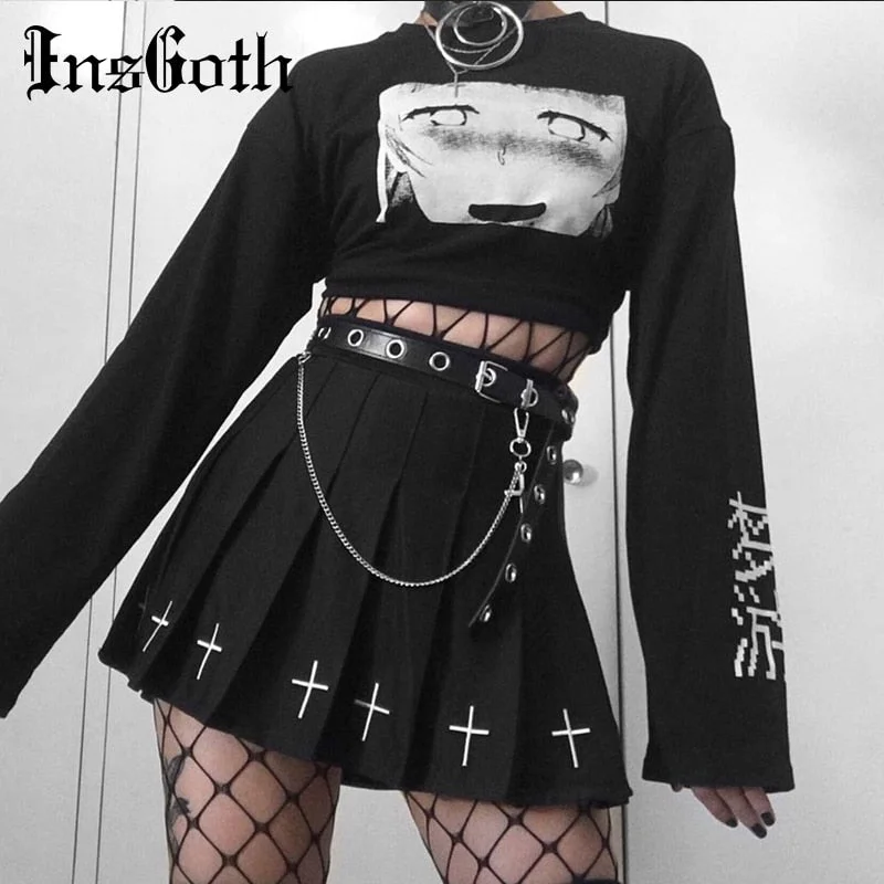 InsGoth Casual Black Print Crop Top Women Gothic Punk Black Long Sleeve Short Tops Harajuku Grunge Female Loose Tops