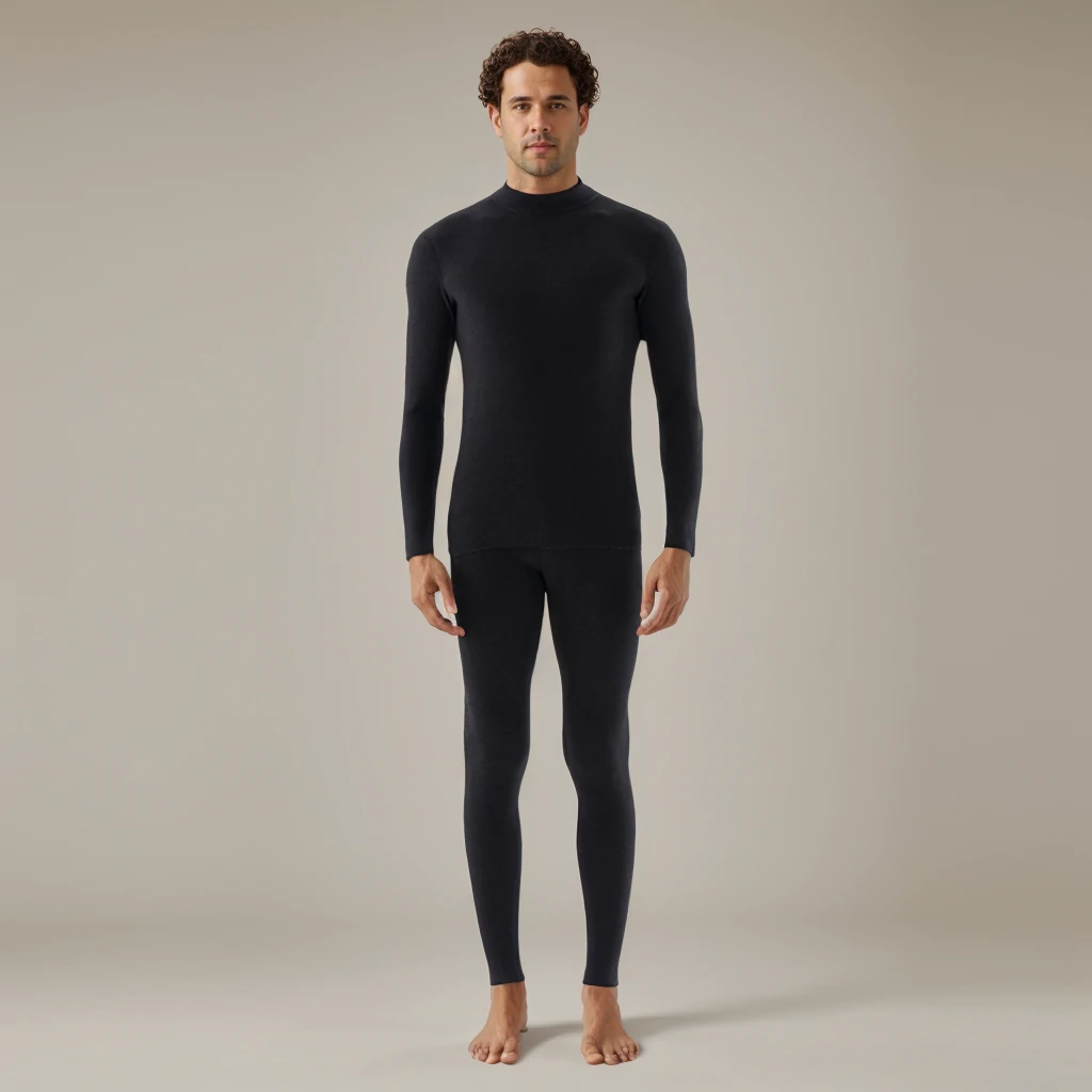 Men's Warm Silk Cashmere Midweight Half-turtleneck Thermal Underwear Set REAL SILK LIFE