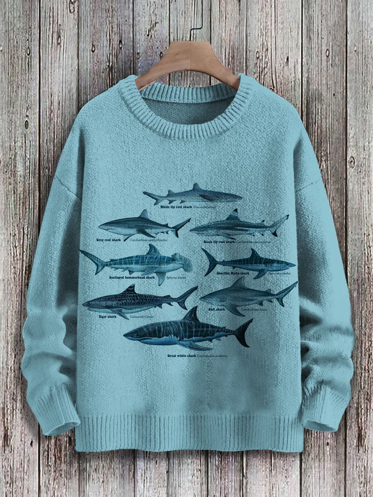 Ocean Killer Shark Art Print Cozy Knit Loose Sweater