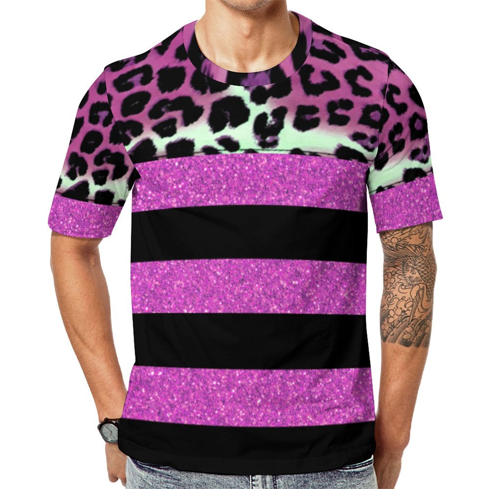 Chic Pink Leopard Black Pink Glitter Stripes Short Sleeve Print Unisex Tshirt Summer Casual Tees for Men and Women Coolcoshirts