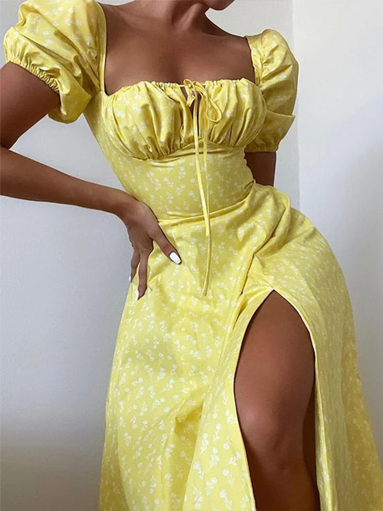 Jacqueline 2022 Puff Sleeve Midi Floral Dress Women Retro Elegant Sexy Split Sundress Casual Ruched Drawstring Dresses Summer