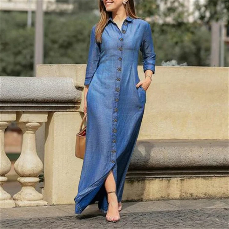 Women's Denim Dress Lapel Single Breasted Long Sleeve Long Maxi Dress