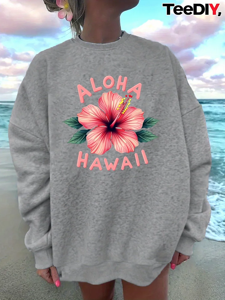 Women's Aloha Hawaii Hibiscus Flower Sweatshirt - Casual Long Sleeve Crew Neck, Geometric Pattern, Lightweight Polyester, Perfect For Beach Or Summer Outings, Summer Casual Wear | Aloha Design | Comfortable Fit