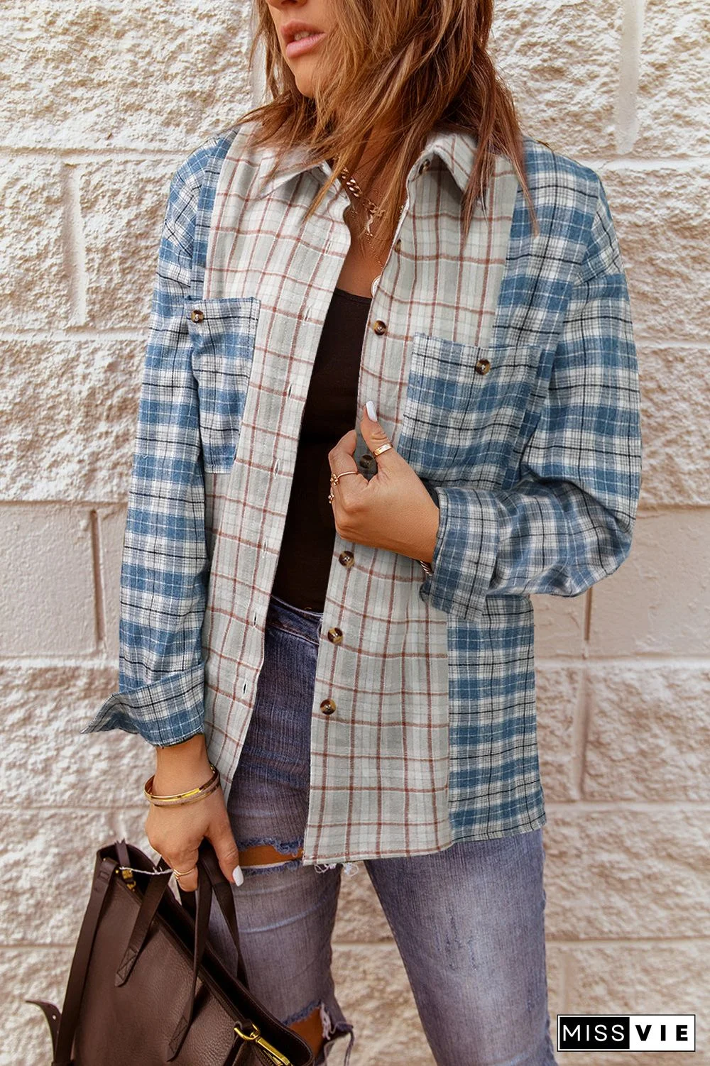Plaid Color Block Pocket Button-up Long Sleeve Shirt