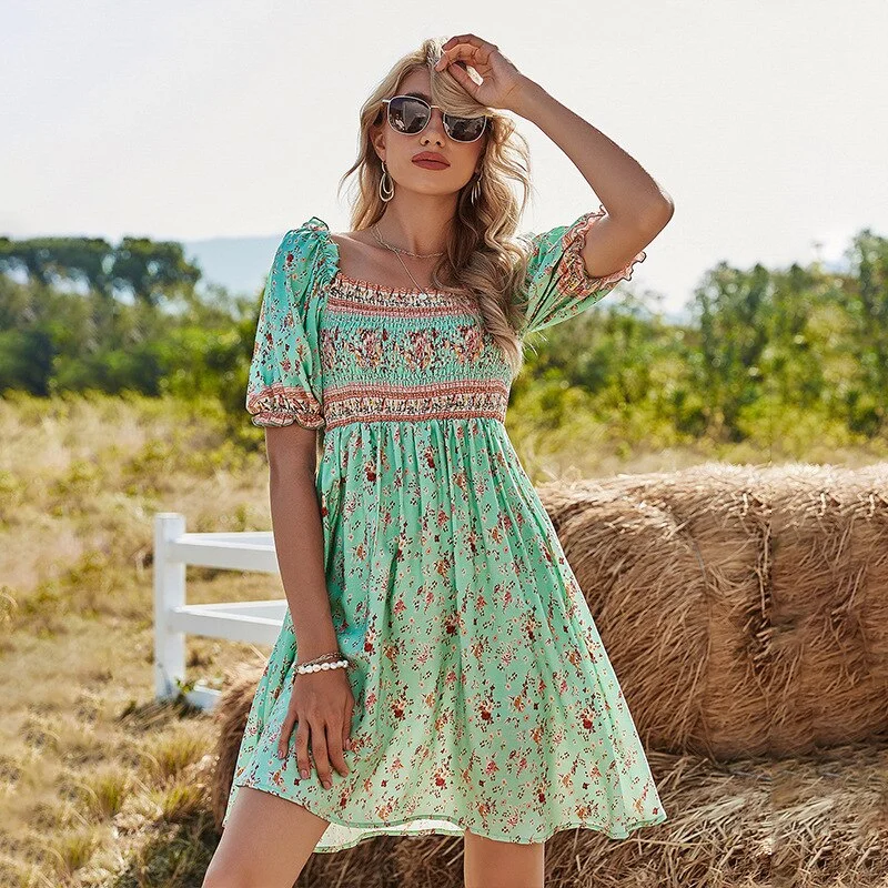 Ladies Bohemian Short Floral Print Summer Dress Women Casual High Waist Mini Women Beach Dress Female Sundress Vestidos Mujer