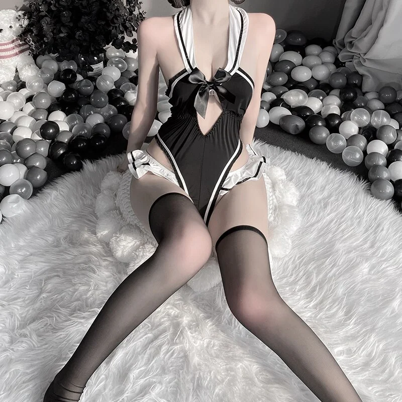 Billionm OJBK Lingerie Hollow Bodysuit Girl Lovely Lace Maid Uniform Halter Bow-knot Open Crotch Erotic Underwear Porno Maid Cosplay New