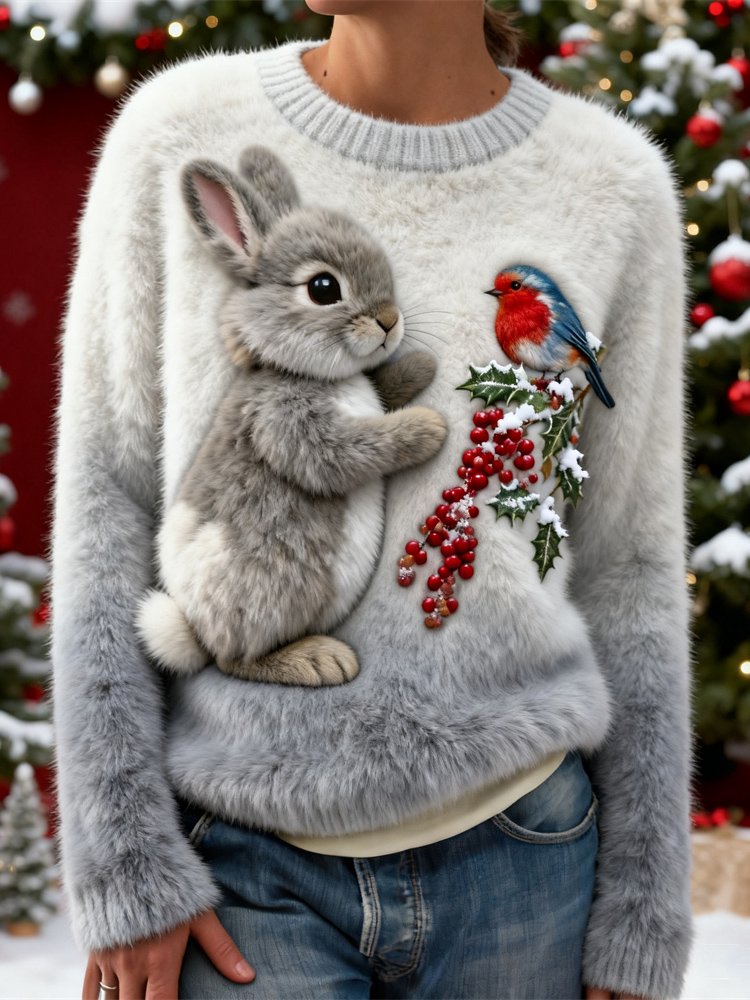 Comstylish Christmas Plush Rabbit Women's Plush Sweater