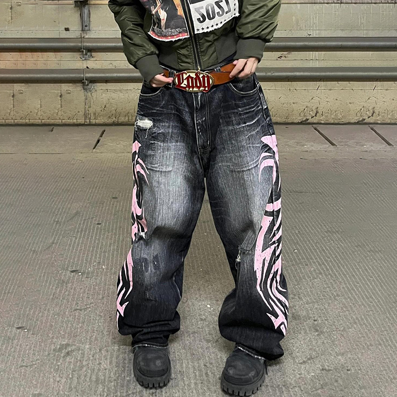Hiphop Flame Distressed Denim Baggy Jeans