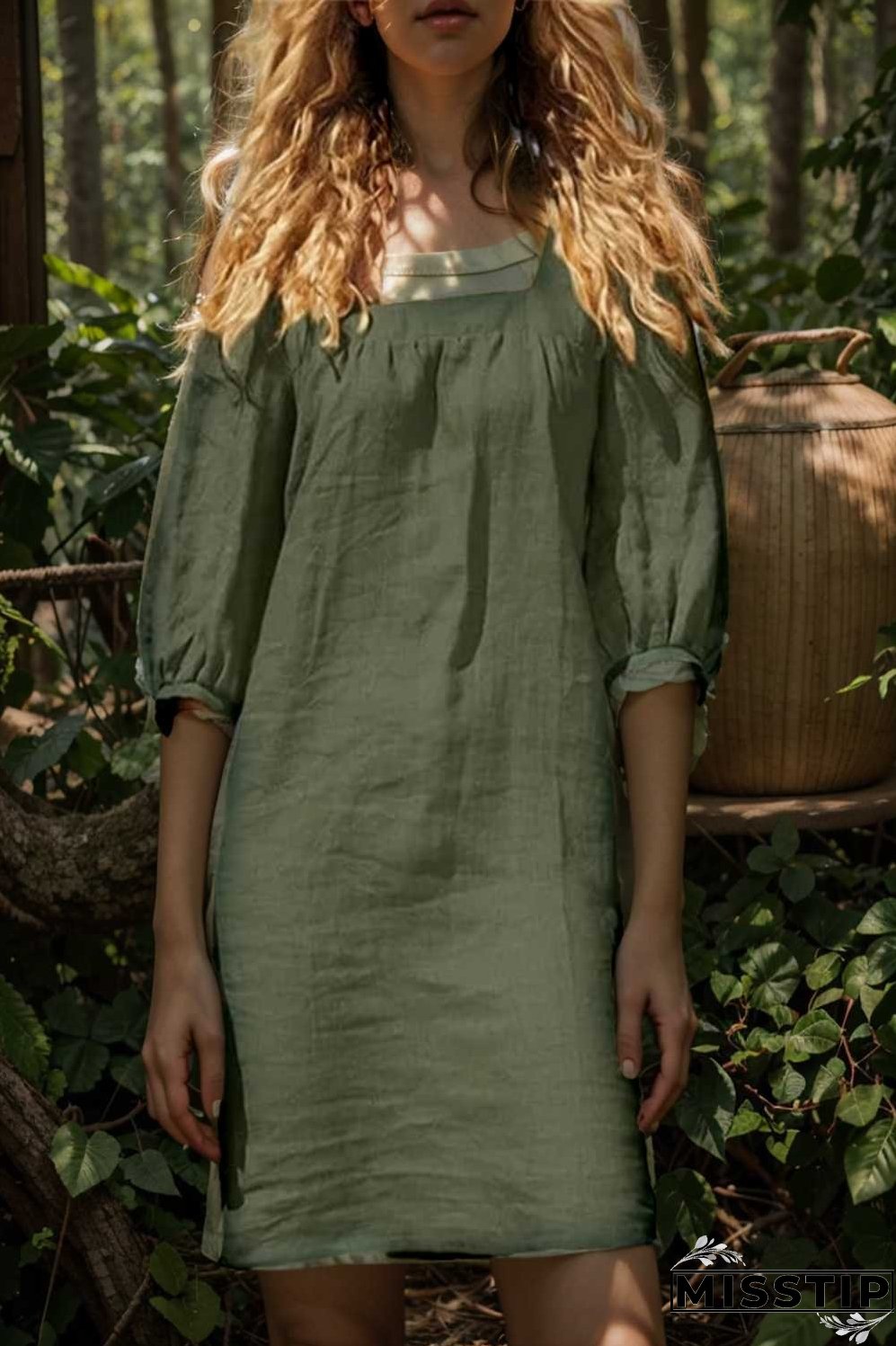 cotton linen loose casual half sleeve mini dress