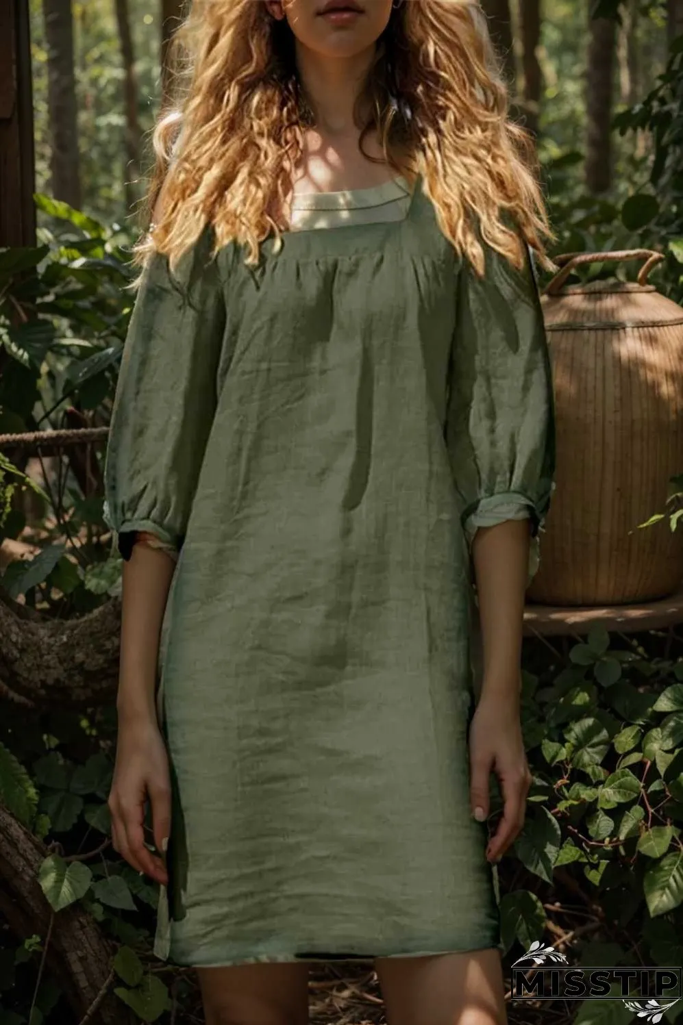 cotton linen loose casual half sleeve mini dress