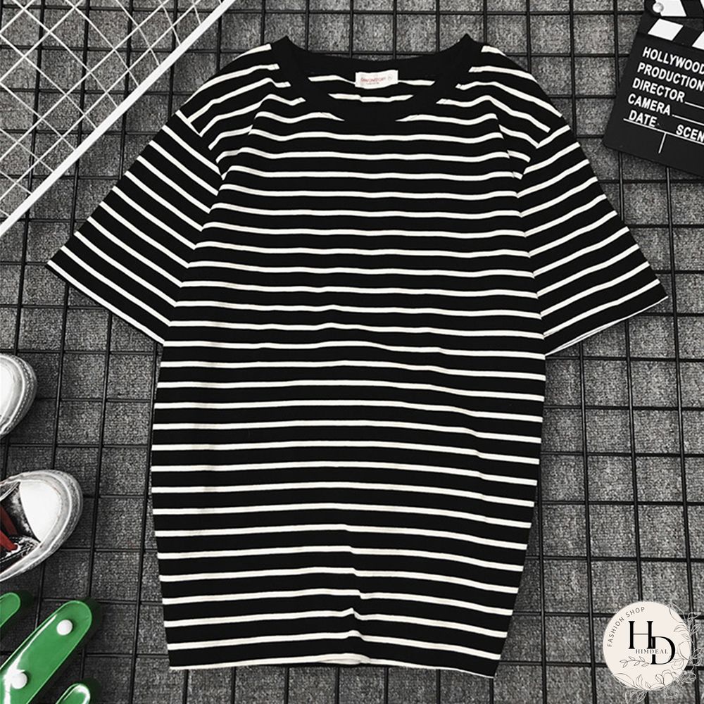 Womens Short Sleeve Shirt Classic Black & White Striped Loose Casual topper Harajuku
