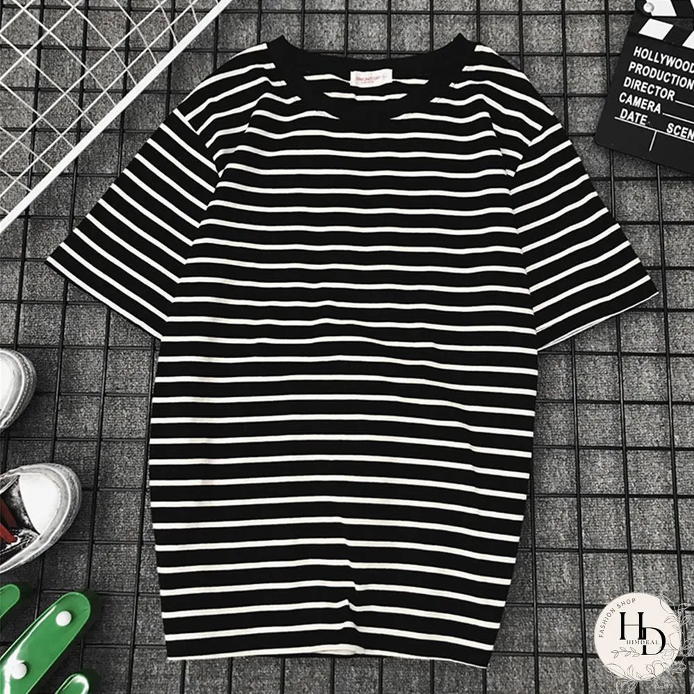 Womens Short Sleeve Shirt Classic Black & White Striped Loose Casual topper Harajuku