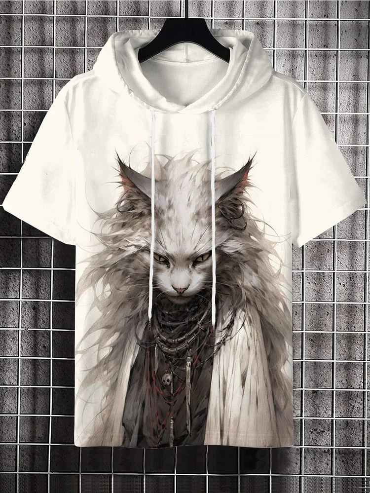 Men's Mysterious White Cat Wizard Art Print Hooded T-Shirt