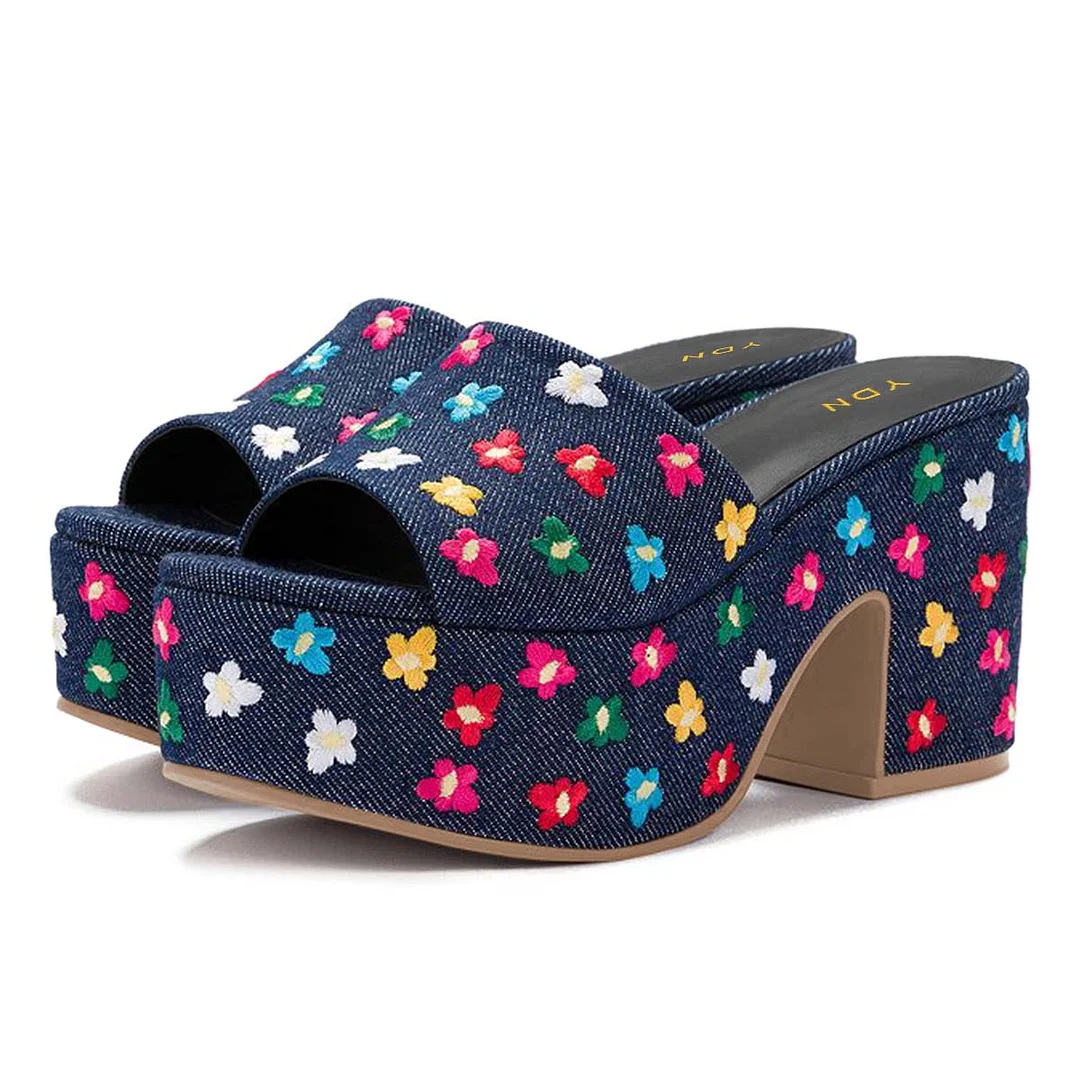 Multicolor Denim Open Toe Flower Embroidery Platform Mules Sandals