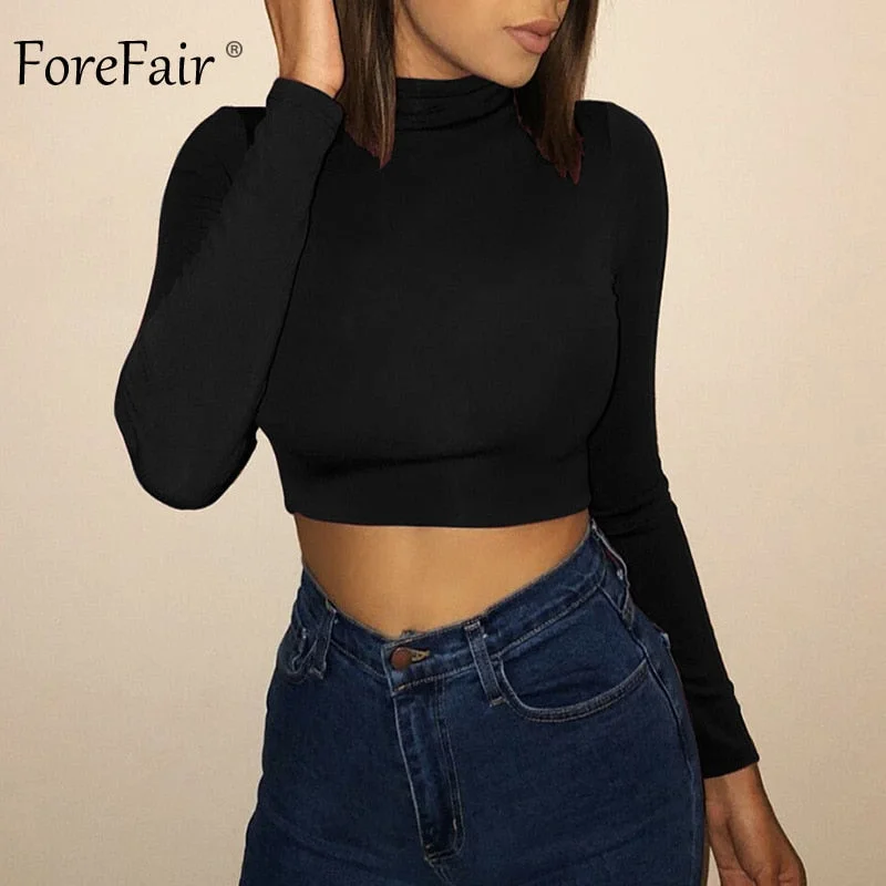 Forefair Long Sleeve Crop Top Women Shirts Harajuku Korean Black Burgundy Sexy Clothes Turtleneck Basic Short T Shirt Femme 2018