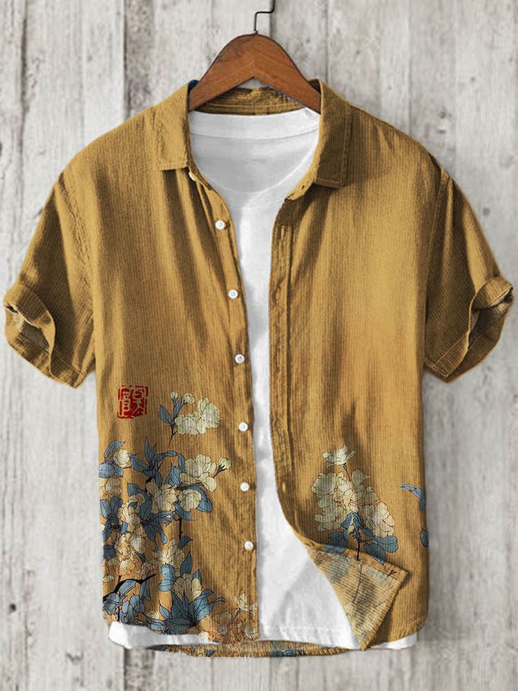 menweary Simple Floral Japanese Art Linen Blend Shirt
