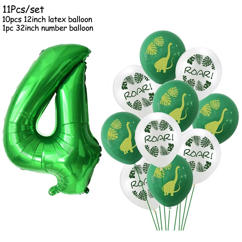 11Pcs Green Foil Number Balloons Dinosaur Latex Balloon Kids Jungle Theme Birthday Safari Forest Party Decorations Baby Shower