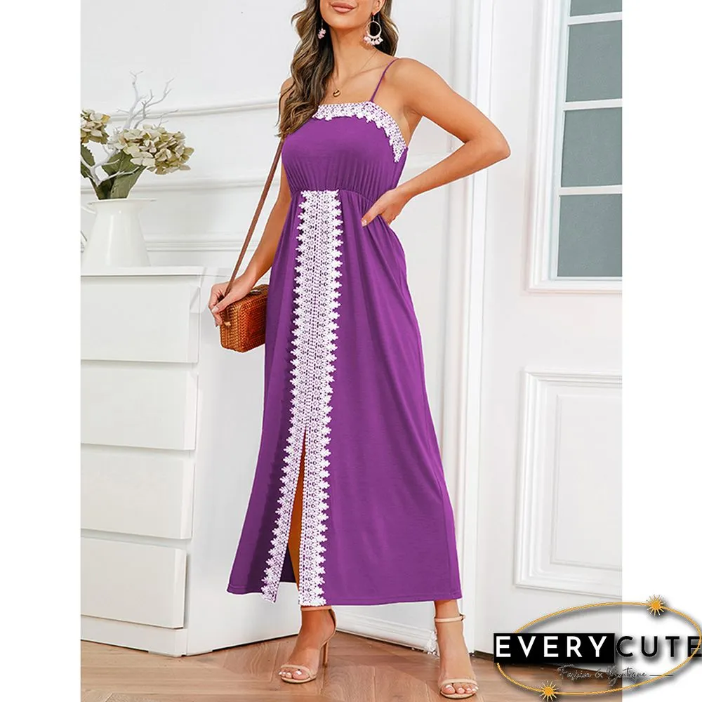 Purple Spliced Lace Trim Spaghetti Straps Dress